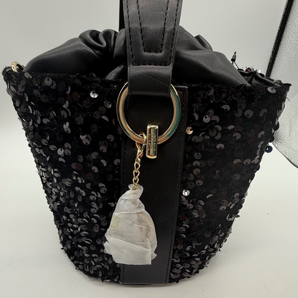 Badgley‎ Mischka Black Sequin Bucket Bag Purse Drawstring Faux Leather $159